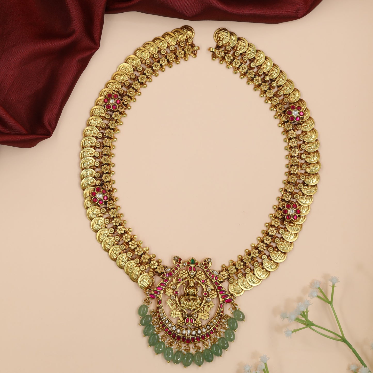 Coin Border Long Haara with Lakshmi Temple Pendant Design