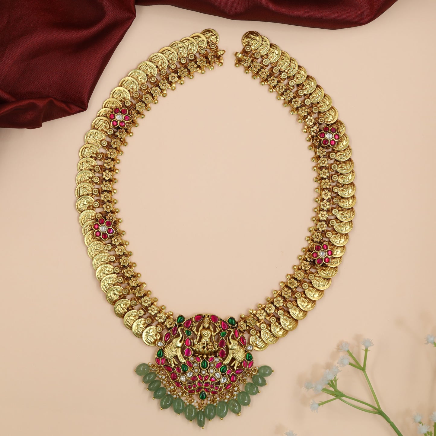 Temple Coin Long Haara with Lakshmi Peacock Medallion Pendant