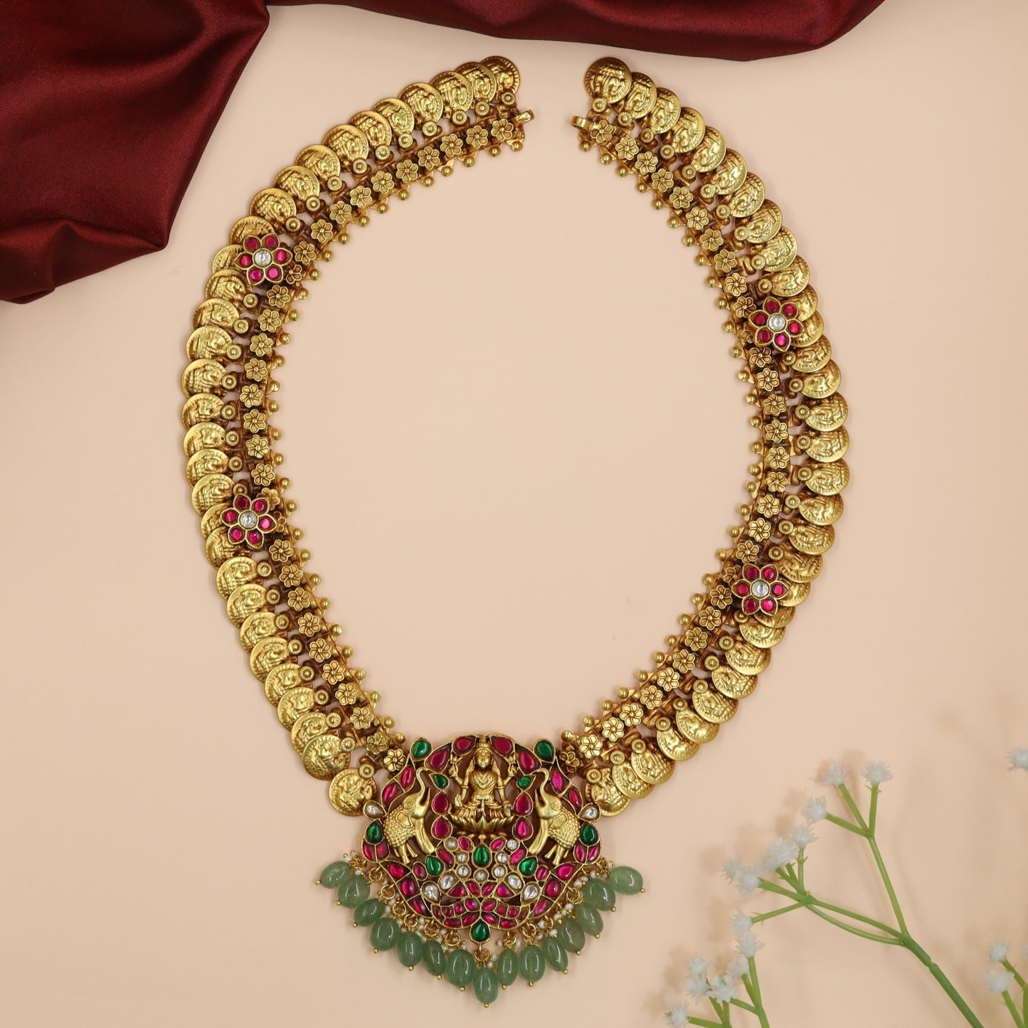 Lakshmi Coin Long Haara with Twin Peacock Medallion Pendant