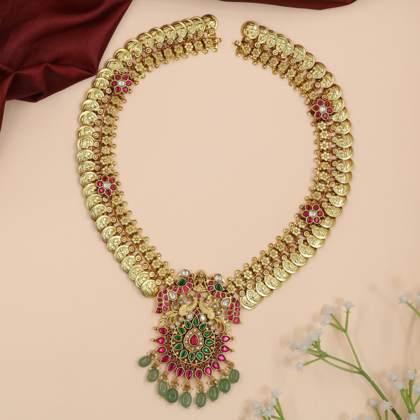 Temple Coin Pattern Long Haara with Peacock Halo Pendant