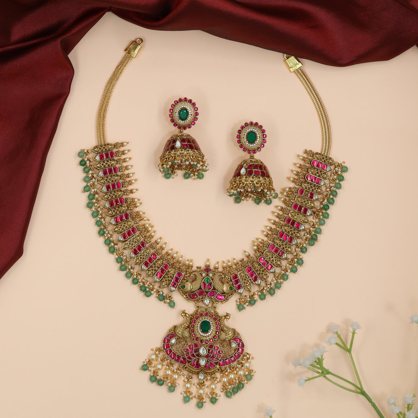 Peacock Motif Jadau Necklace with Panel Link Collar Design