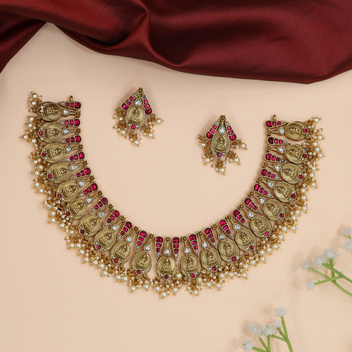 Coin Panel Jadau Necklace with Decorative Fringe Border