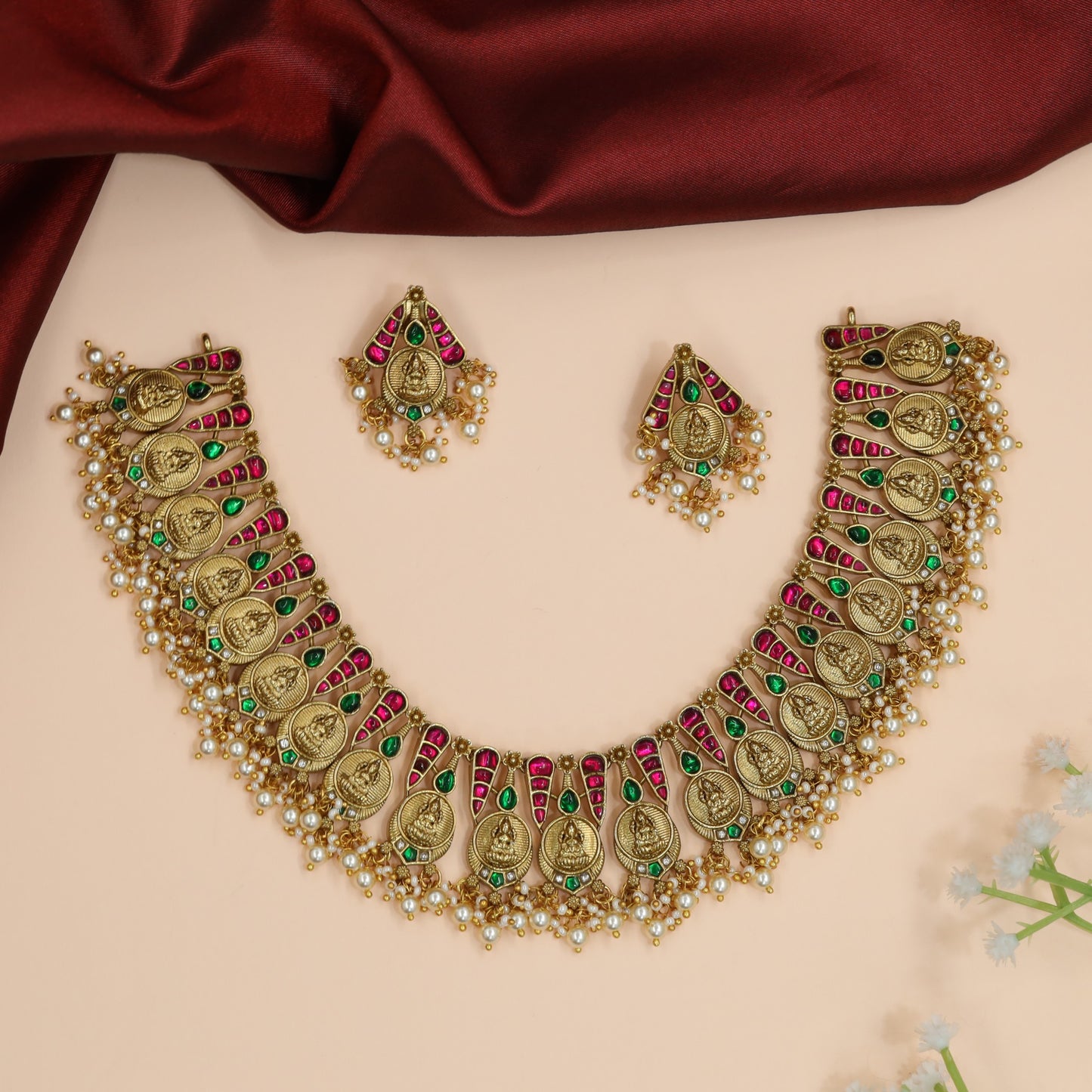 Coin Panel Jadau Necklace with Decorative Fringe Border