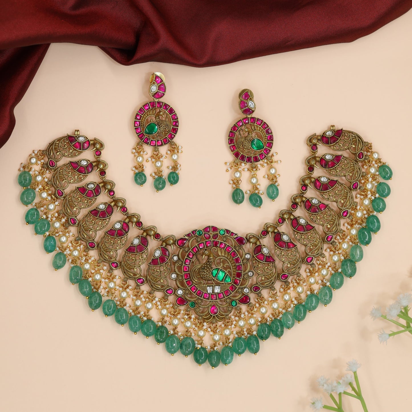 Peacock Medallion Jadau Necklace with Layered Bead Fringe Design
