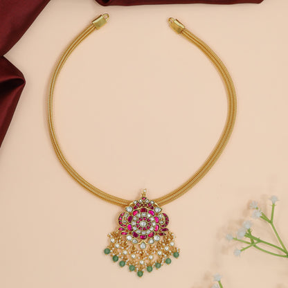 Twin Peacock Pendant Jadau Necklace with Drop Fringe