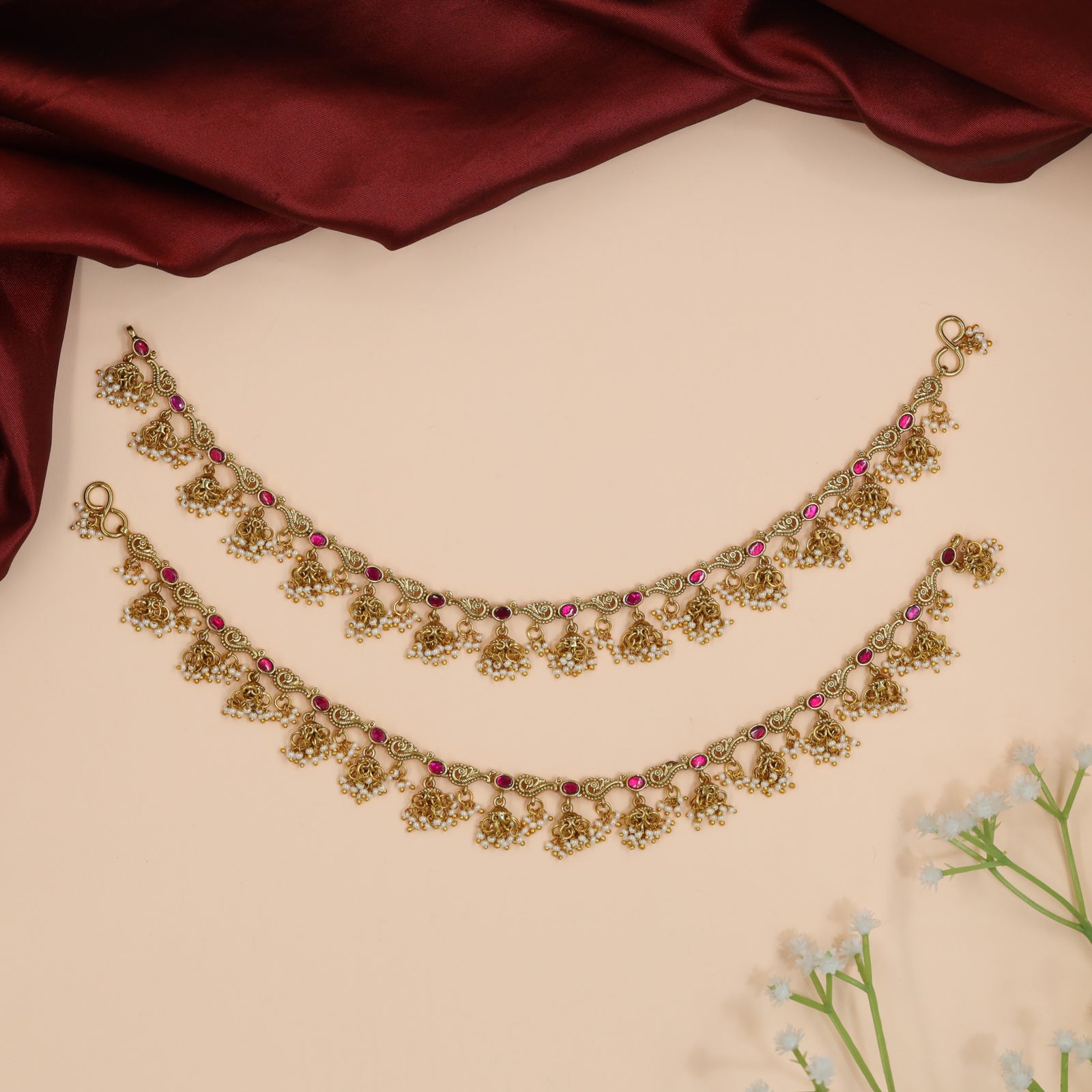 Jadau Anklet with Floral Bell Charm Fringe Detailing