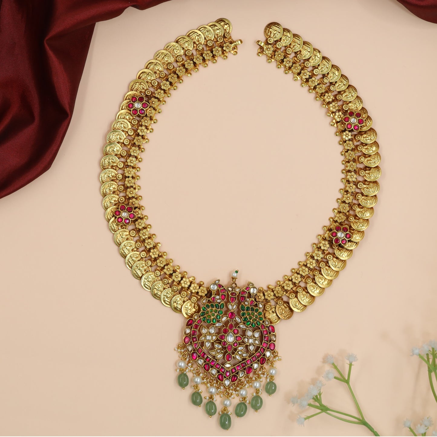 Coin Motif Long Haara with Peacock Medallion and Bead Drops