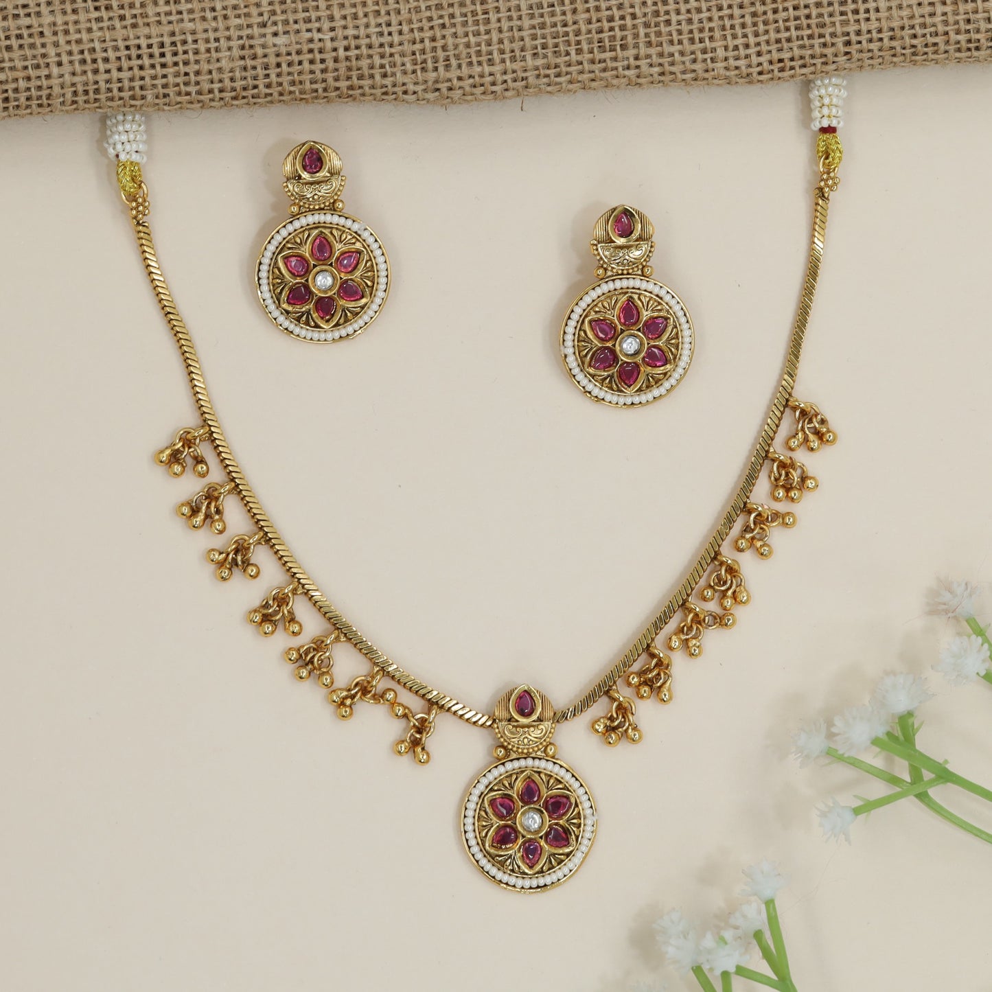 Prestige Kundan Necklace with Secure Cord Loops and Symmetric Side Drops