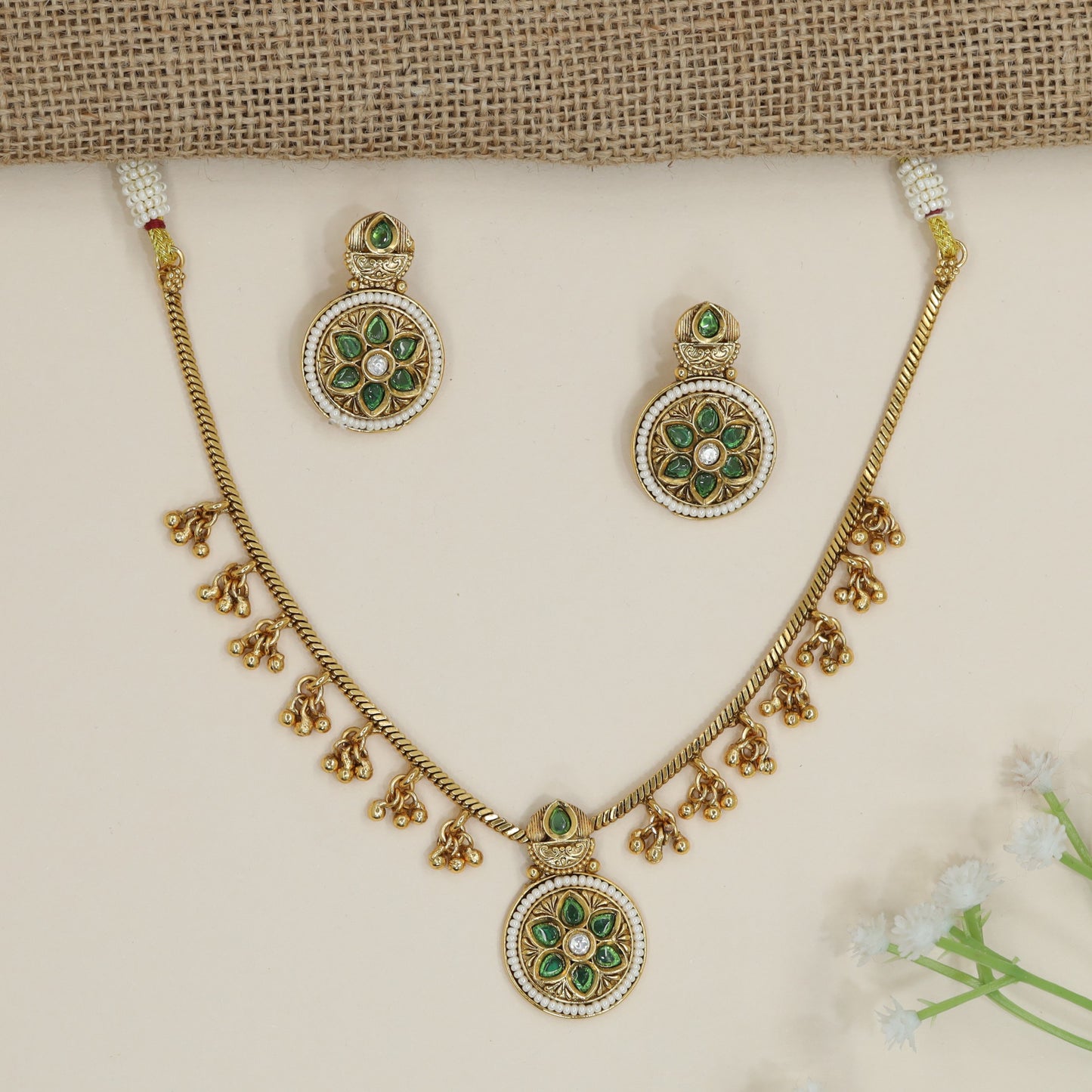 Prestige Kundan Necklace with Secure Cord Loops and Symmetric Side Drops