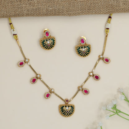 Temple Kundan Necklace with Semicircular Lotus Pendant and Oval Drops
