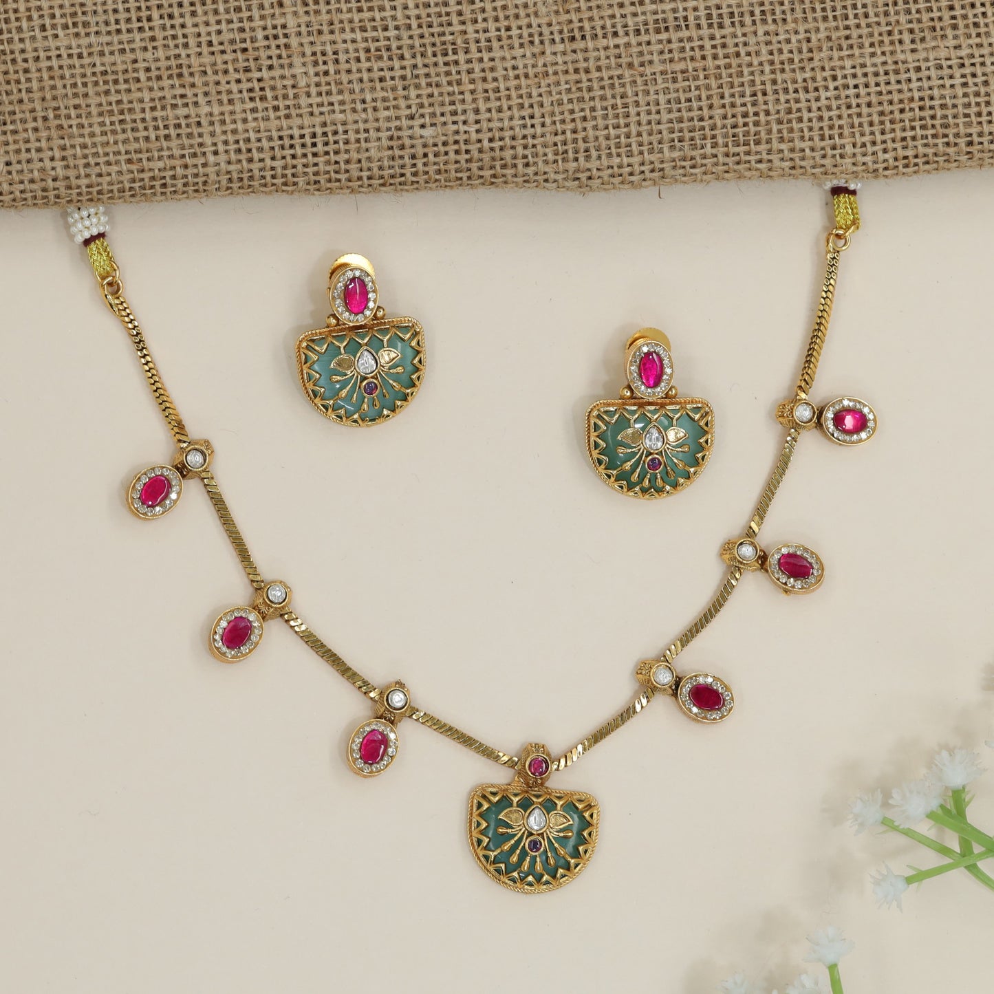Temple Kundan Necklace with Semicircular Lotus Pendant and Oval Drops