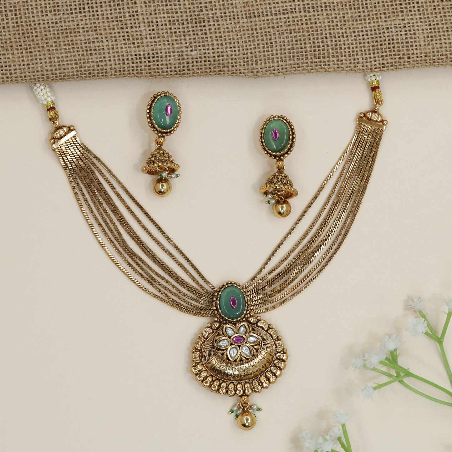 Designer Kundan necklace set with ornate pendant framework