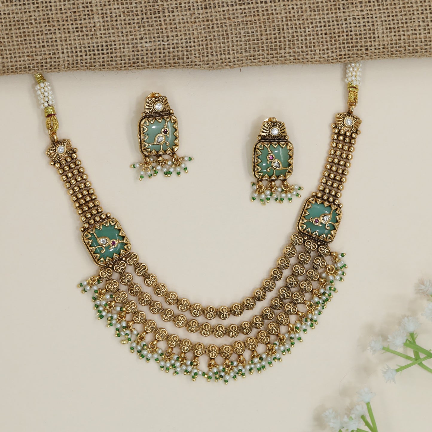 Regal Parrot Kundan Necklace with Green Bead Border