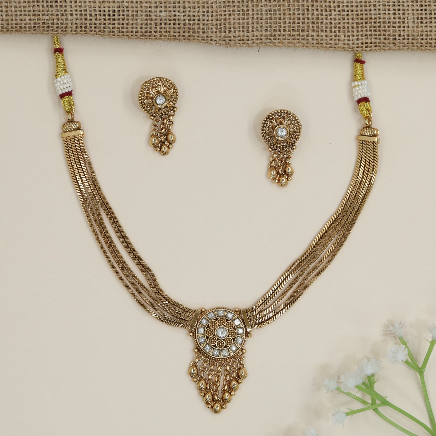 Disc Pendant Kundan Necklace with Chain Tassel Fringe