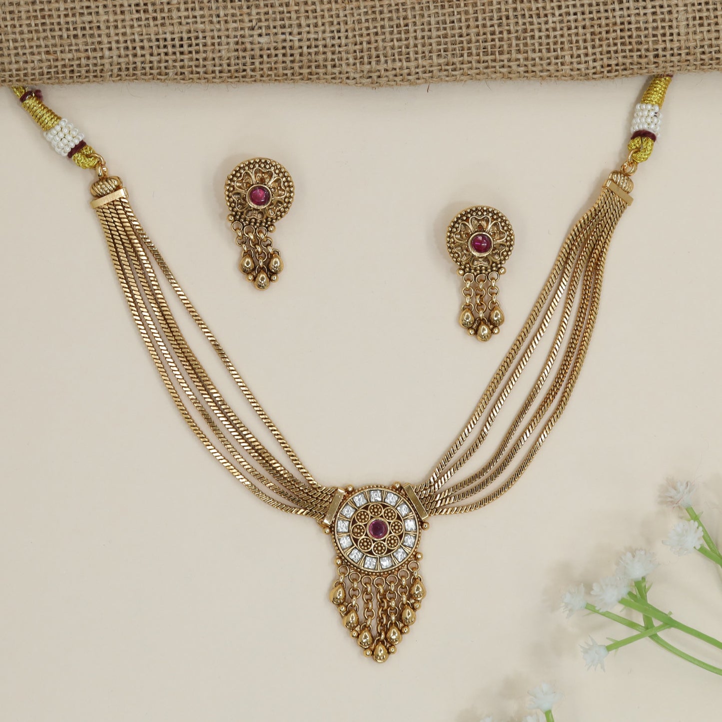 Disc Pendant Kundan Necklace with Chain Tassel Fringe