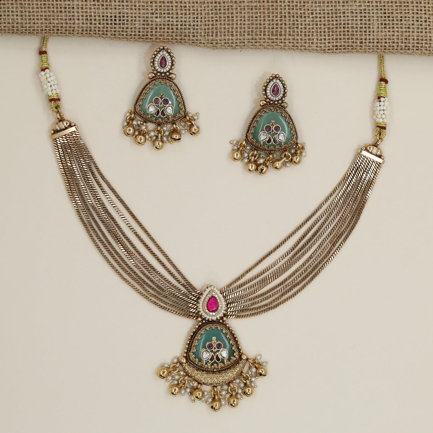 Floral Rosette Kundan Necklace with Pearl Tassel Border