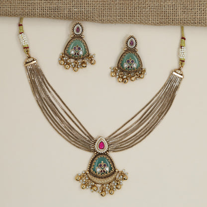 Floral Rosette Kundan Necklace with Pearl Tassel Border