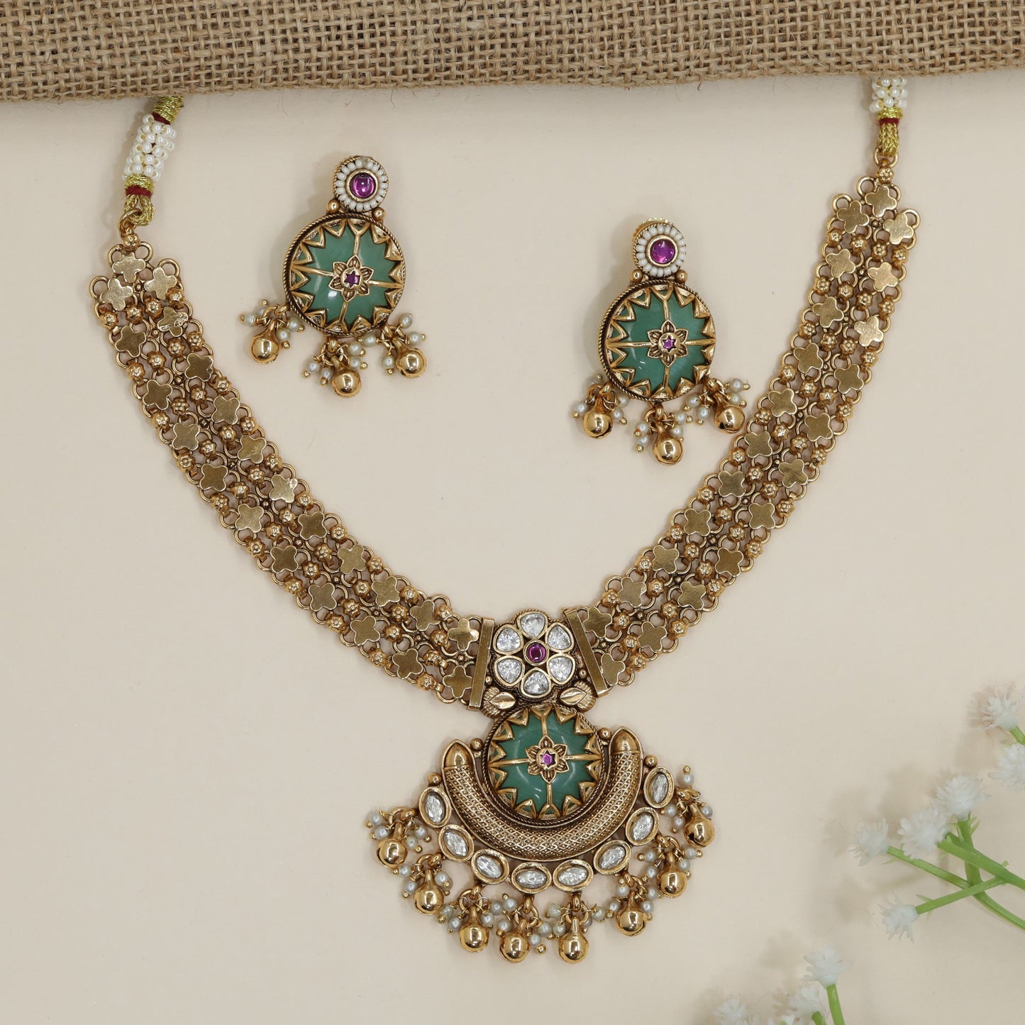 Crescent Sunburst Kundan Necklace with Floral Link Chains