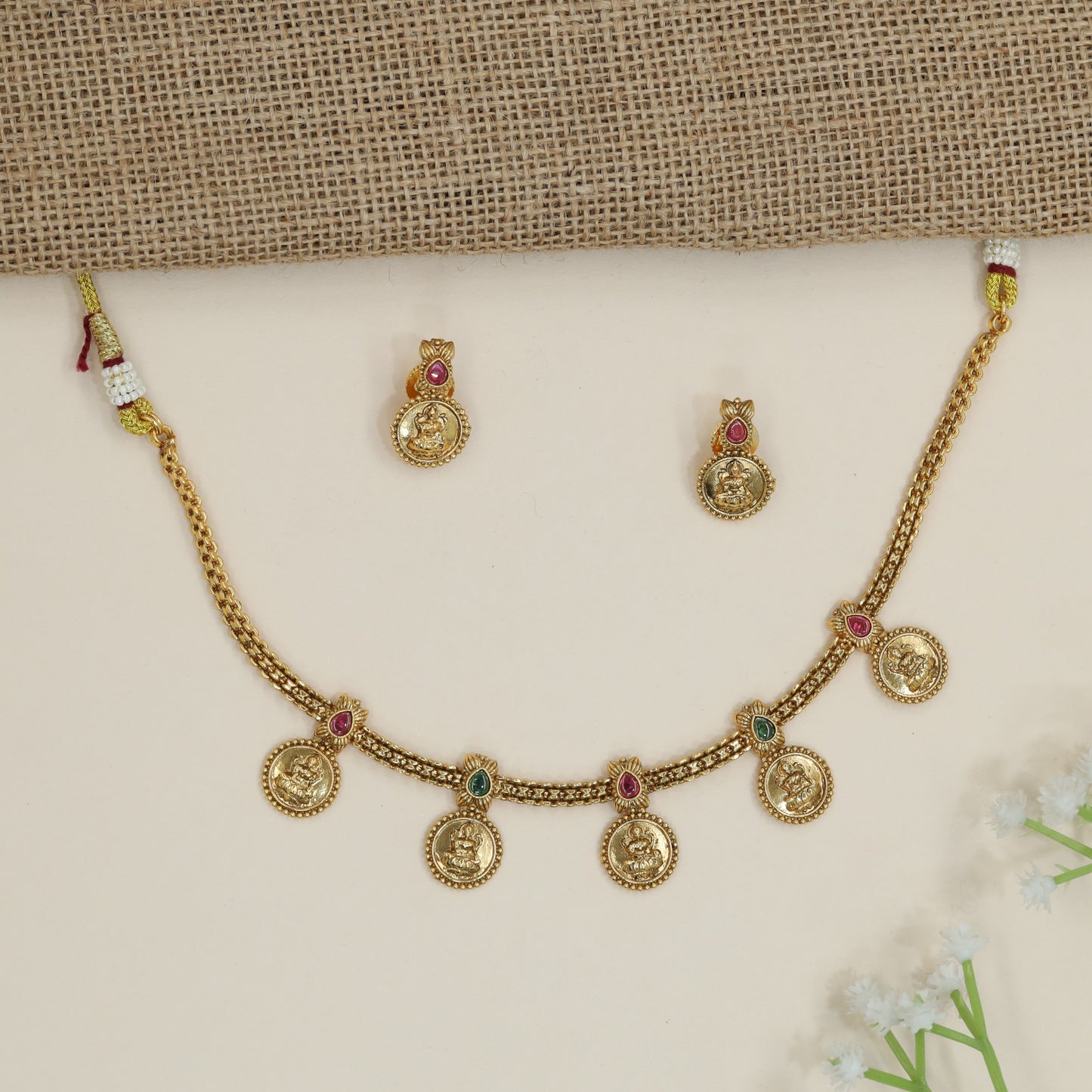 Sacred Motif Necklace with Hanging Goddess Lakshmi Coin Pendants