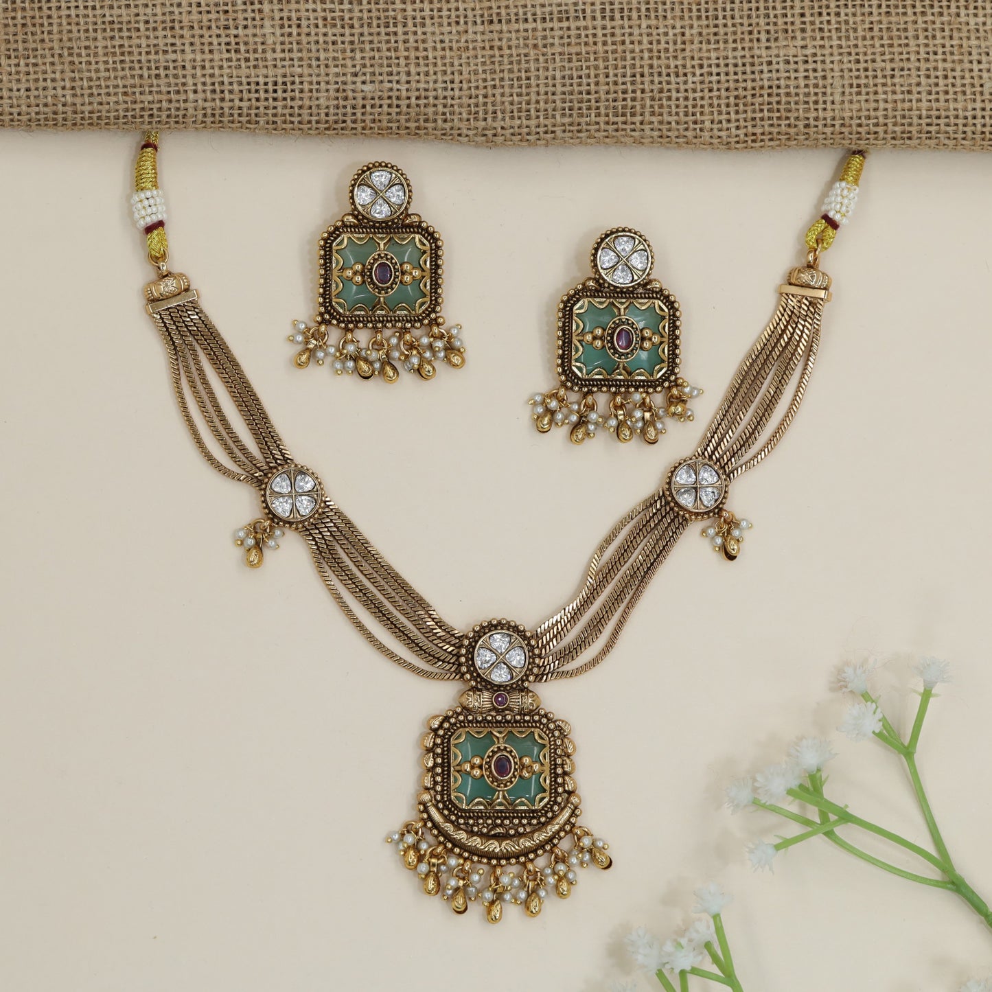 Medallion Drop Kundan Necklace with Rosette Connector Motifs