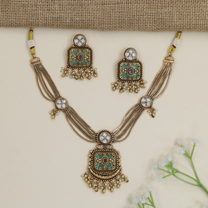 Medallion Drop Kundan Necklace with Rosette Connector Motifs