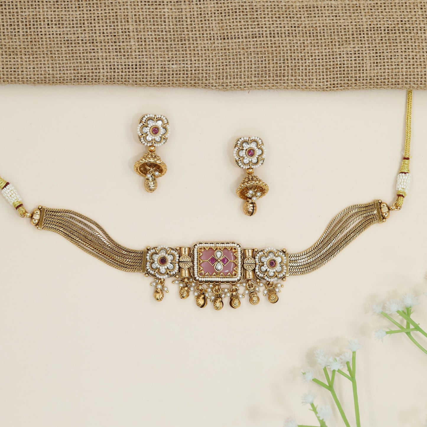 Floral Rosette Choker with Multi-Layer Chain Architecture