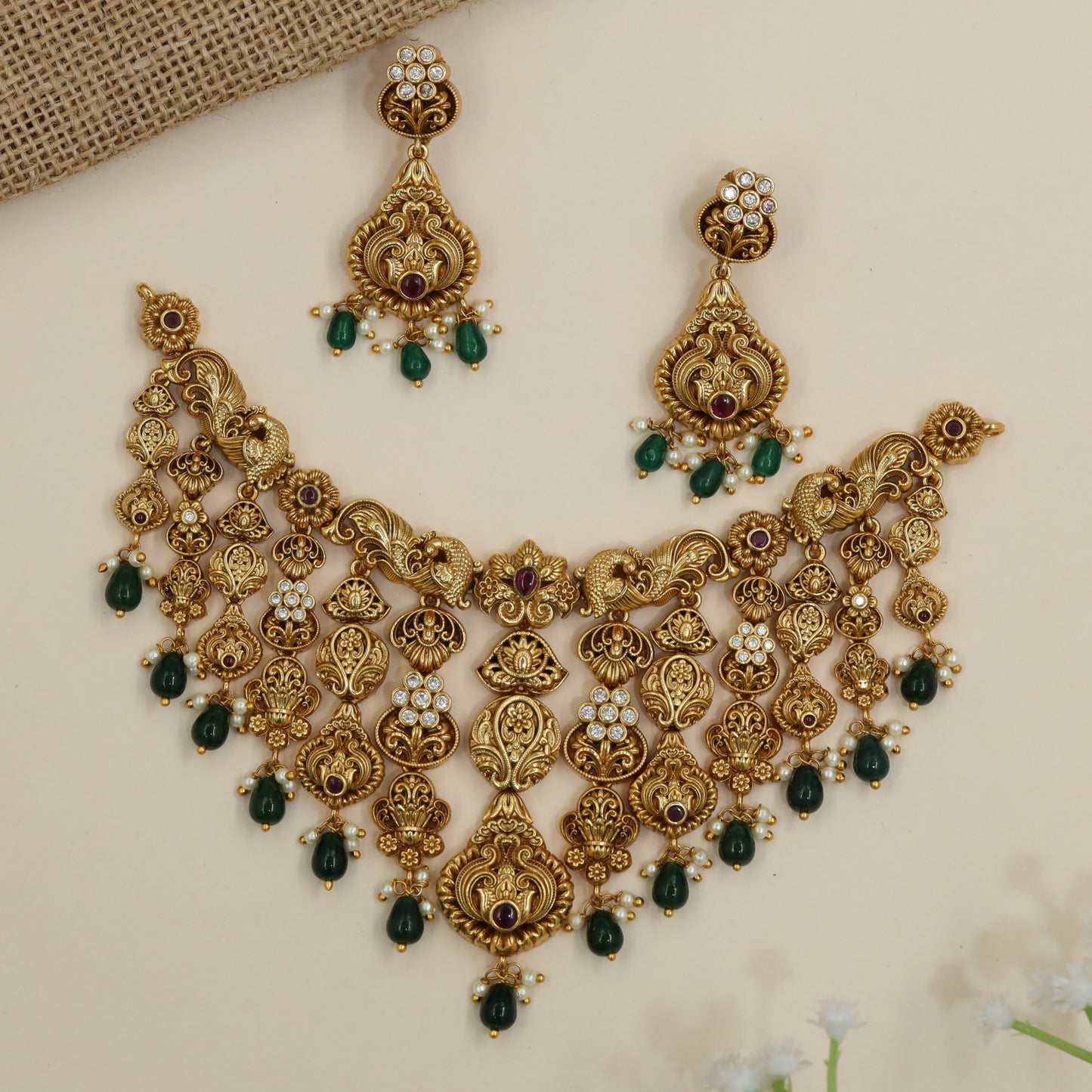 Peacock motif antique choker with cascading heritage elements