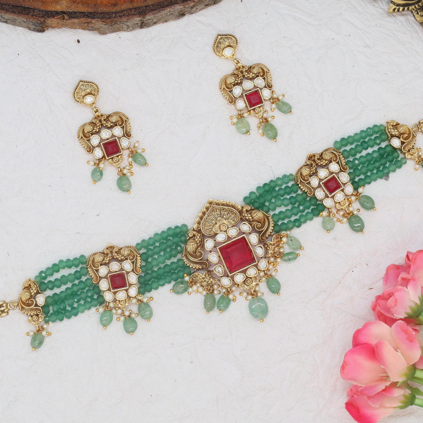 Peacock motif beads choker with ornate centerpiece detailing