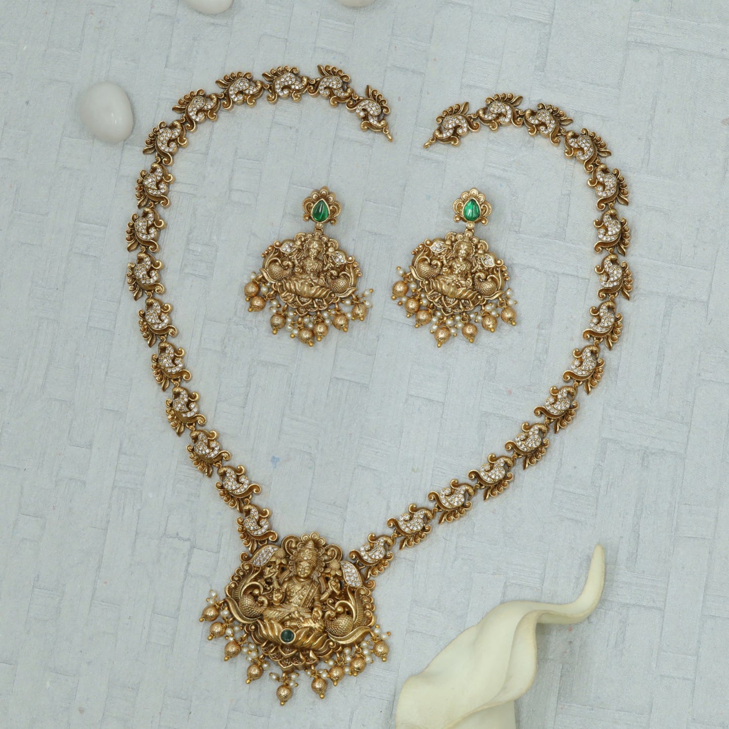 Antique Lakshmi long haara with decorative pearl fringe