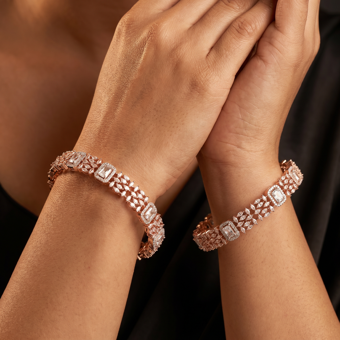 Cushion cut tennis bangles with marquise cluster detailing