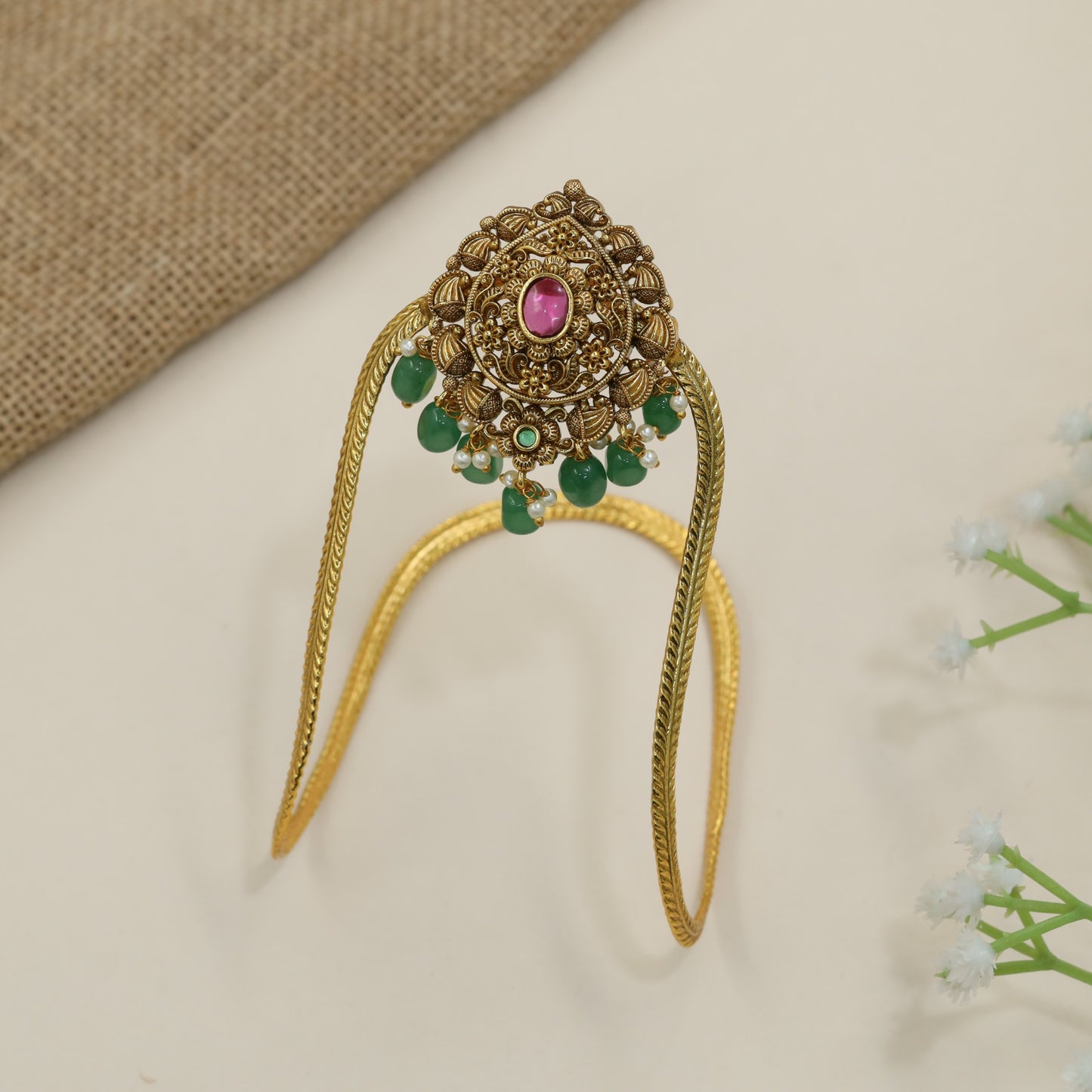 Antique bridal vanki with botanical medallion centerpiece
