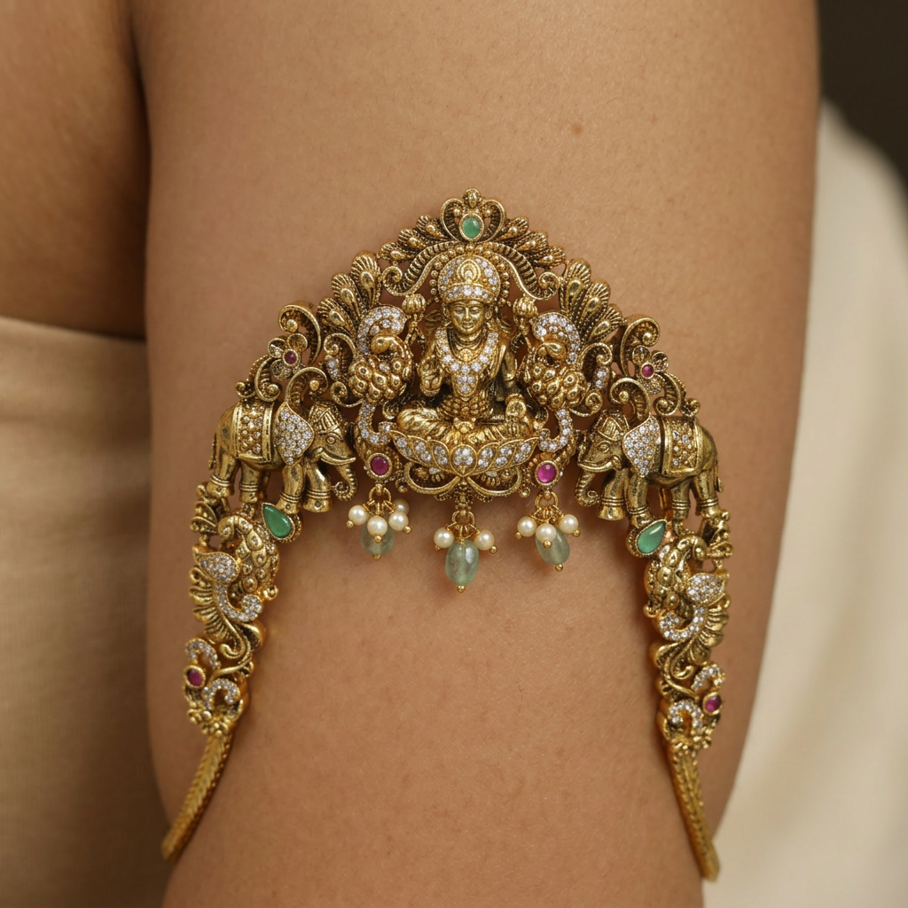 Gajalakshmi temple armlet with ornamental drop accents