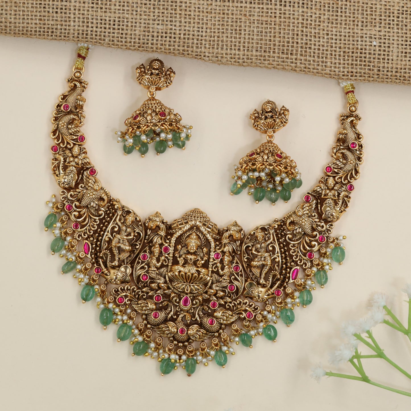 Lakshmi bridal necklace with peacock motif accents