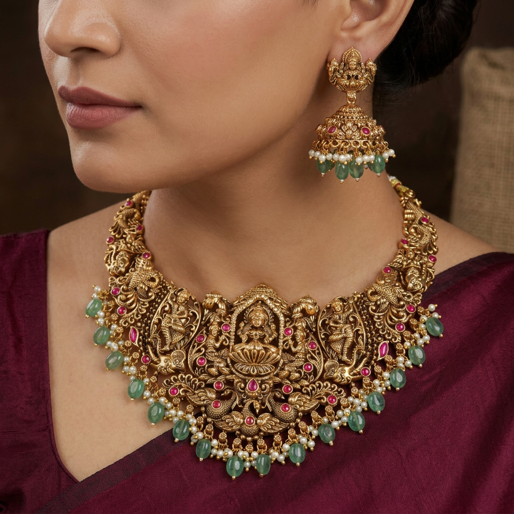 Lakshmi bridal necklace with peacock motif accents