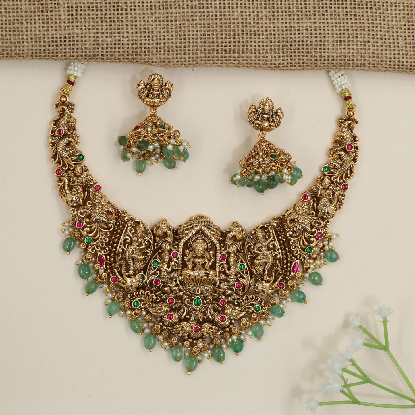 Lakshmi bridal necklace with peacock motif accents