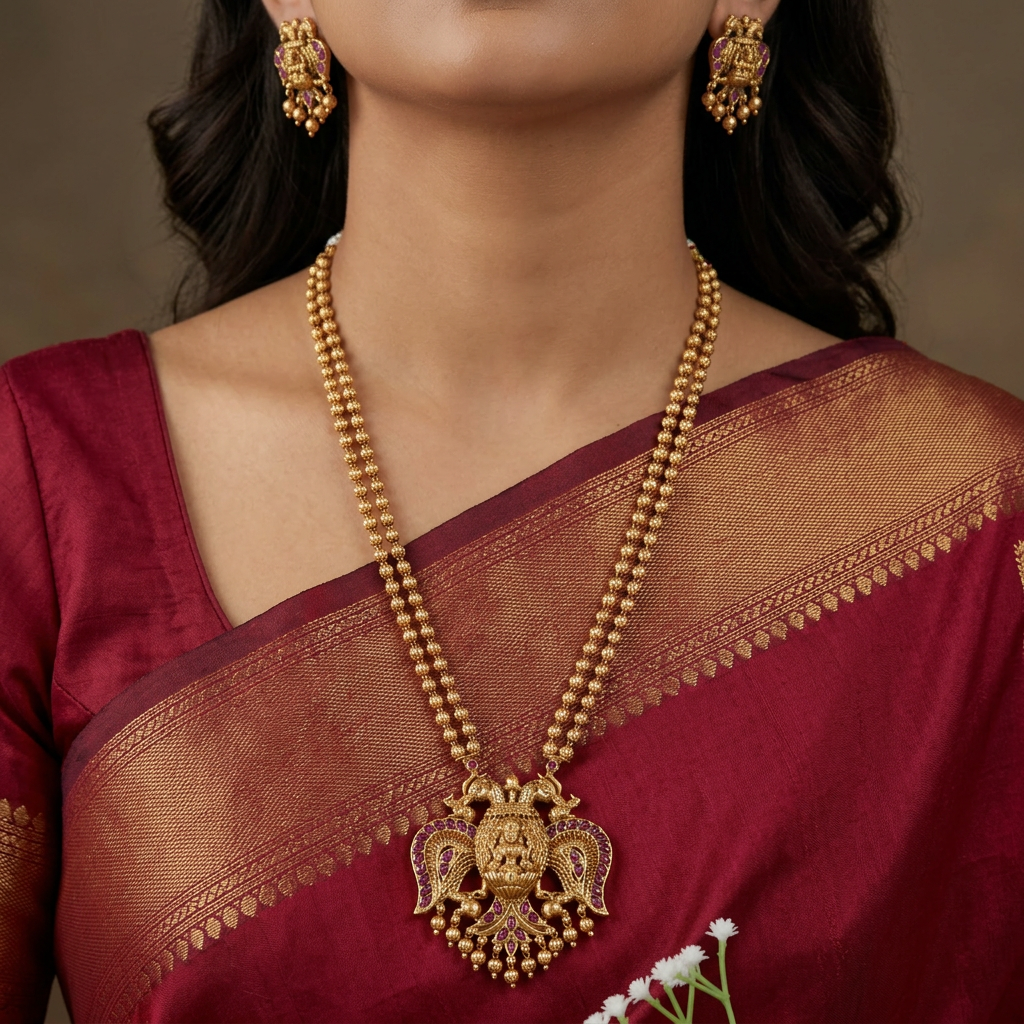 Gandaberunda chain pendant with decorative bead fringe