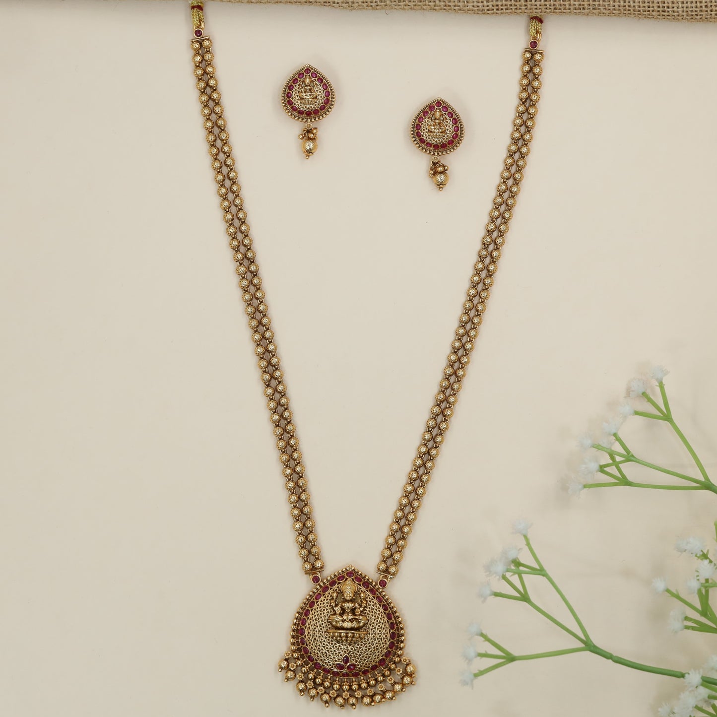 Lakshmi pendant chain with twin row bead links