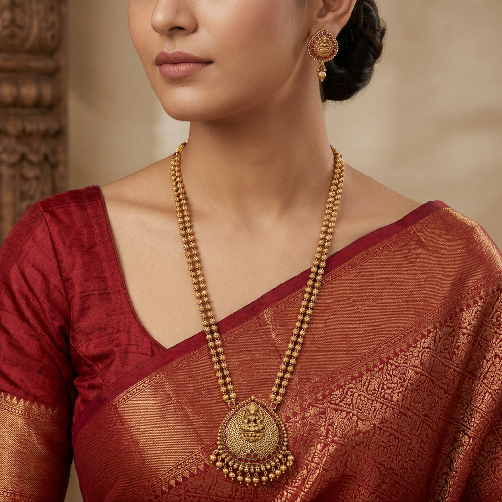 Lakshmi pendant chain with twin row bead links