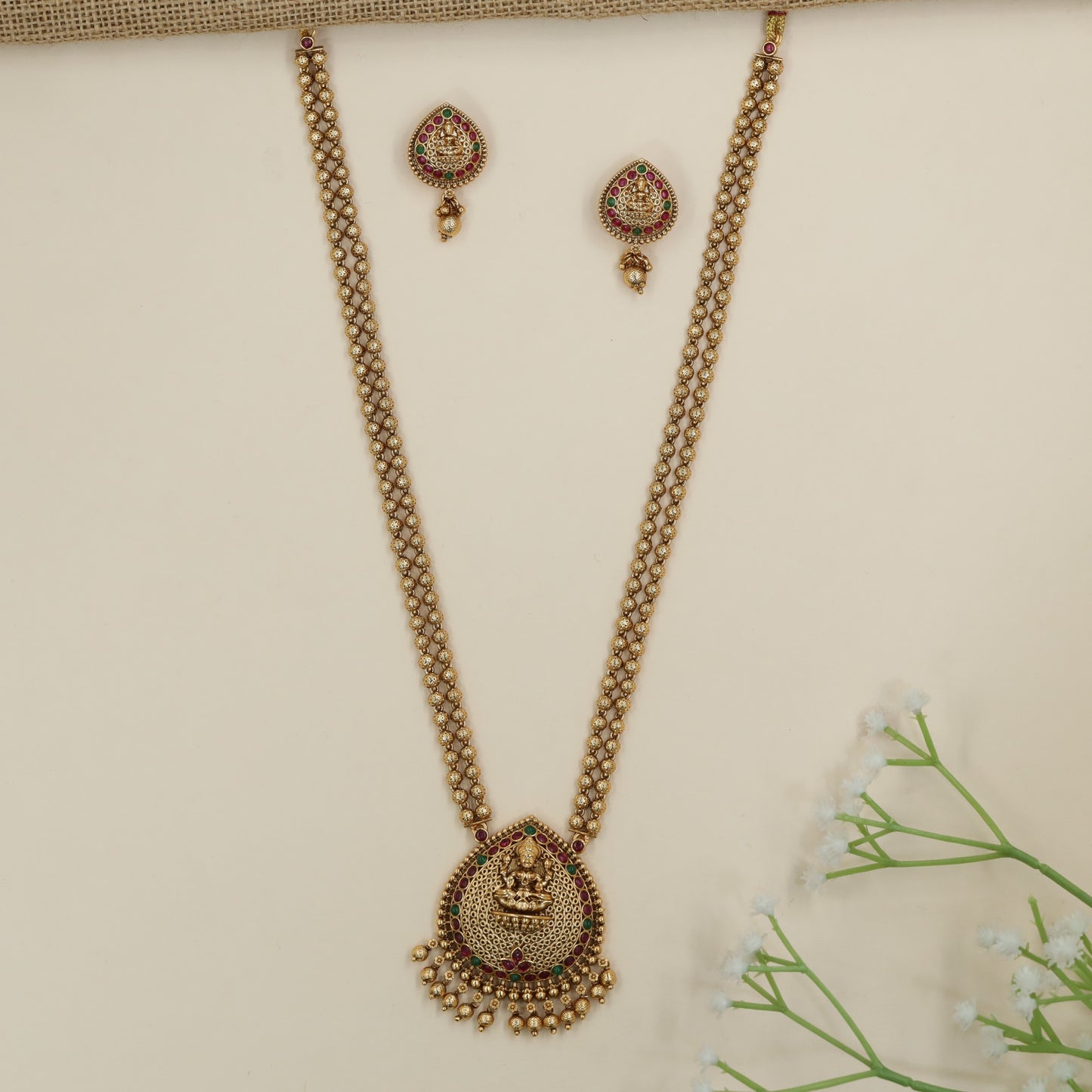 Lakshmi pendant chain with twin row bead links