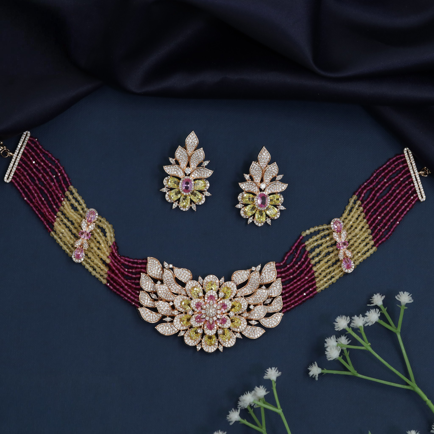 Crystal Choker Featuring a Bold Floral Centre and Leaf Border