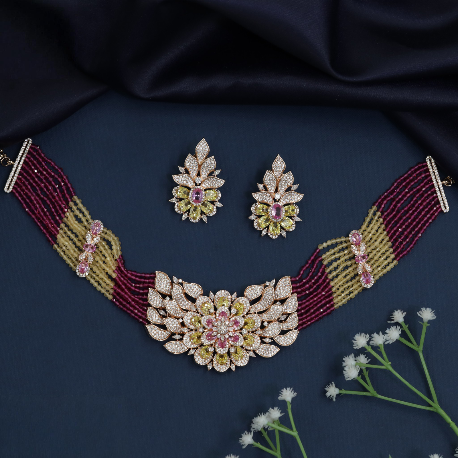 Crystal Choker Featuring a Bold Floral Centre and Leaf Border