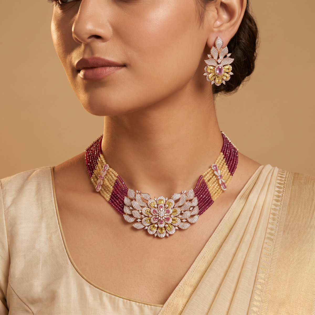 Semi-Precious Zircon Choker Set with Floral Centre and Leaves