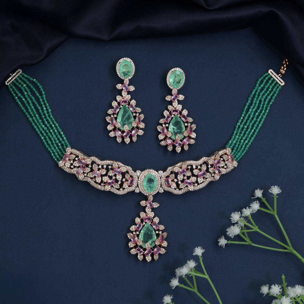 Rose gold choker with an elaborate drop centrepiece
