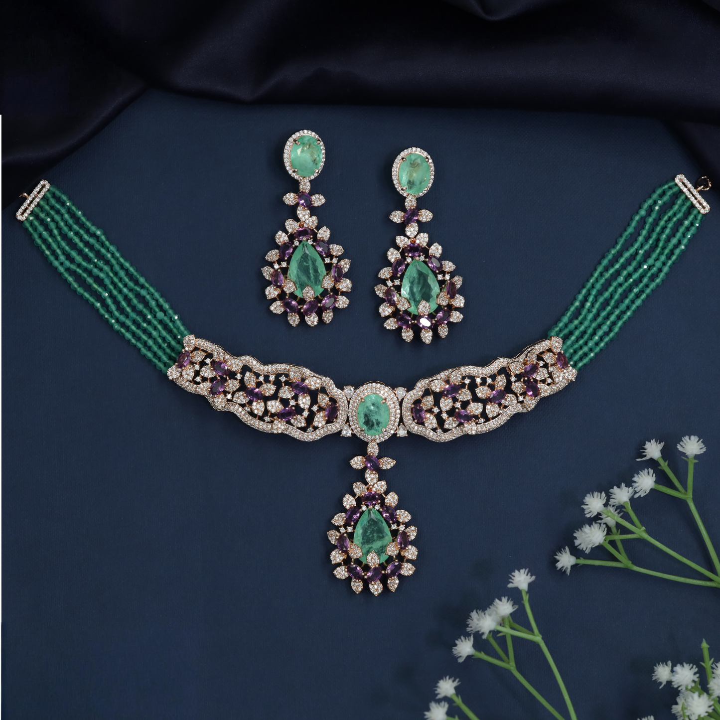 Floral Rose Gold Choker with Oval Centre and Pendant