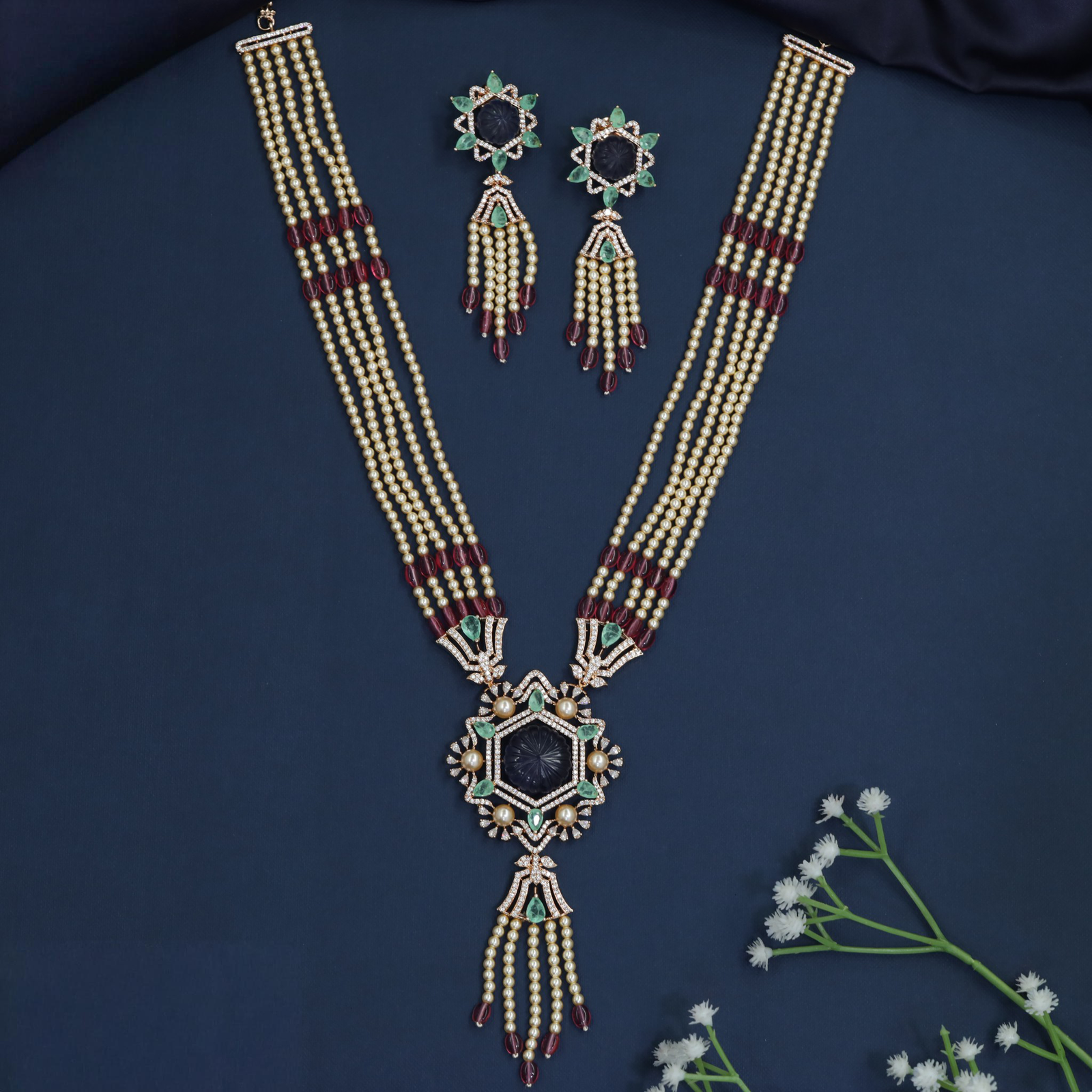 Rose Gold Long Haara Featuring Multi-Strand Beadwork and Drop Pendant