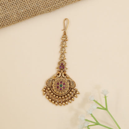 Antique floral tikka with sunburst medallion and bead fringe