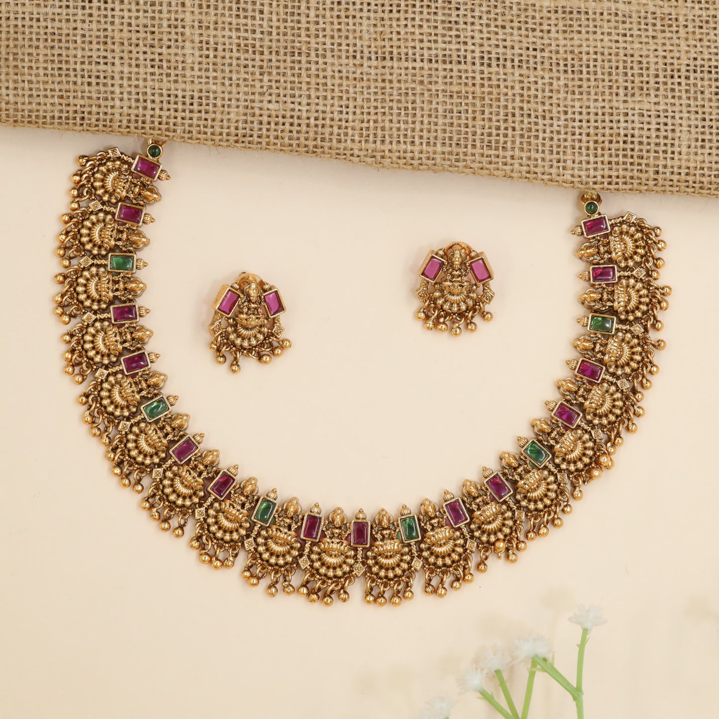 Premium antique Lakshmi necklace with intricate fanwork and artisan craftsmanship
