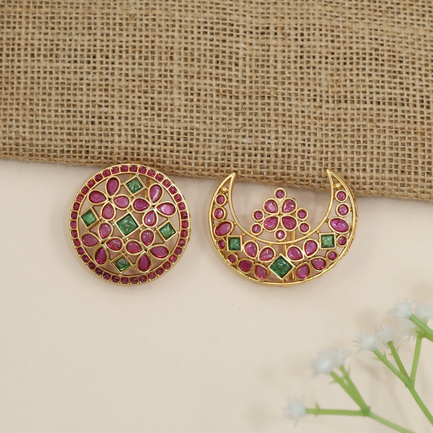 Royal floral Kempu sun moon earrings with decorative detailing