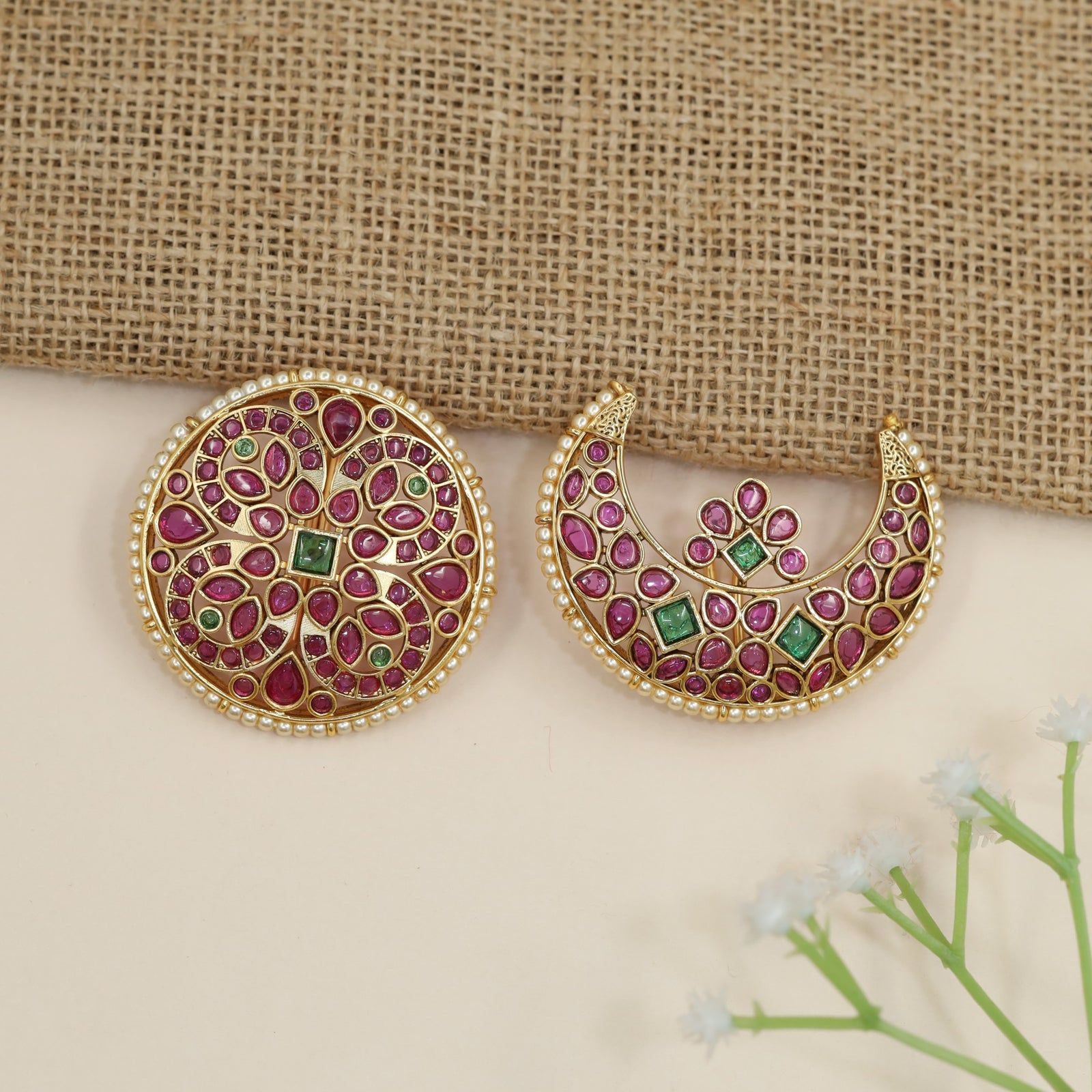Wedding Edit Kempu sun moon studs with layered floral motifs