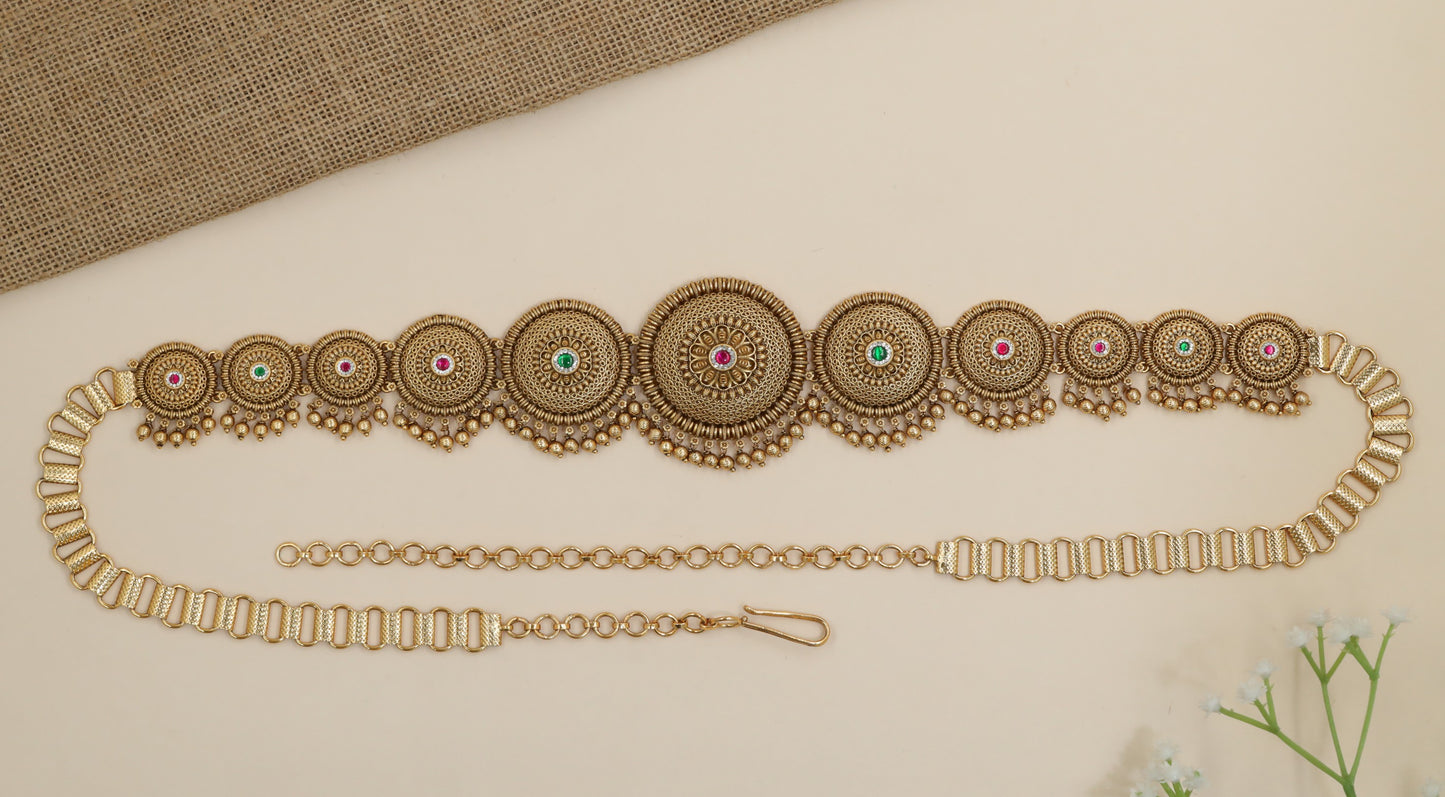 Statement waist belt with graduated medallion craftsmanship